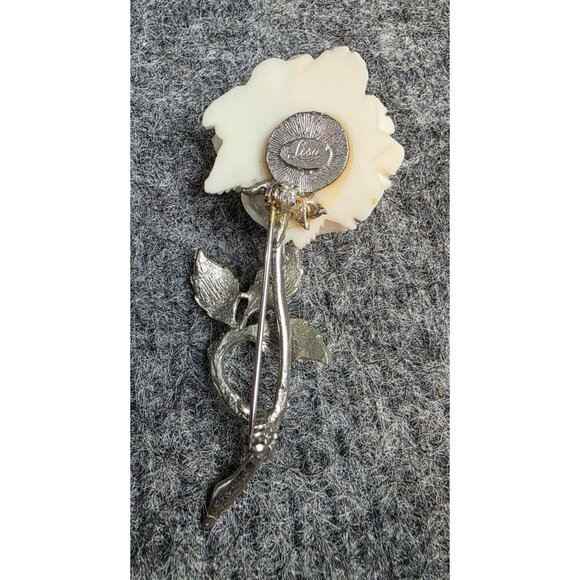 Vintage Lisa Silver Tone Ivory Rose Brooch Pin Floral Leaf Design Elegant - Picture 5 of 5